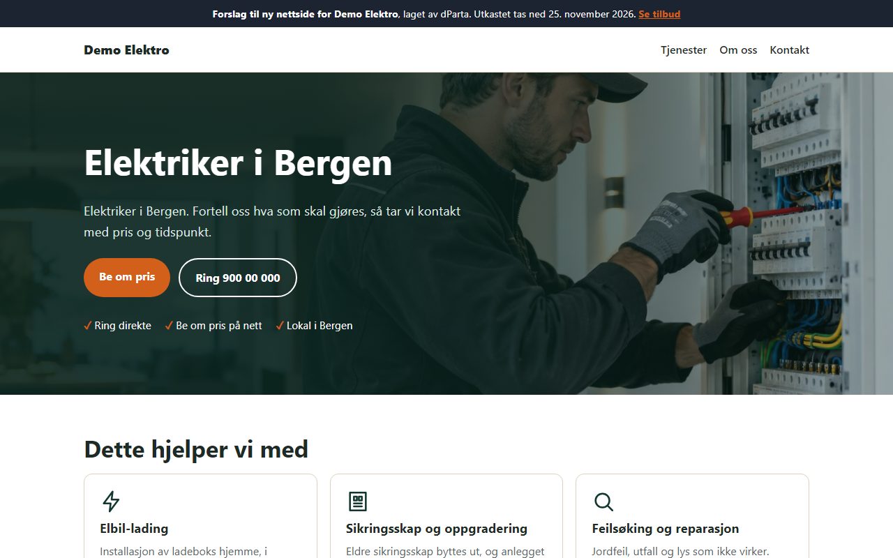 Eksempel på en ferdig nettside for en elektriker, slik forslaget ser ut på datamaskin